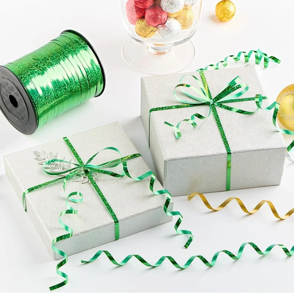 500 Yards X 2 Rolls Green Glitter Curling Ribbon
